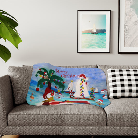 Nautical Christmas boat parade with Santa mermaid Sherpa Blanket, Two Colors on reverse of grey or beige.