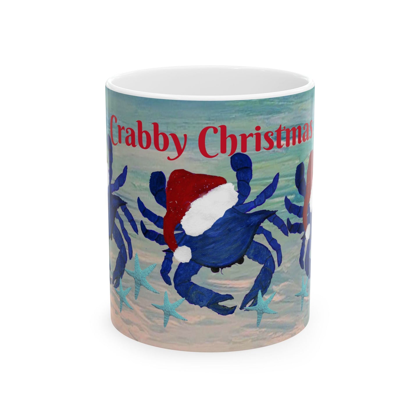 Crabby Christmas blue crab in clearwater beach coastal Holiday party Ceramic Mug (11oz, 15oz) - Coffee Cup - Funny Christmas Gift mug.