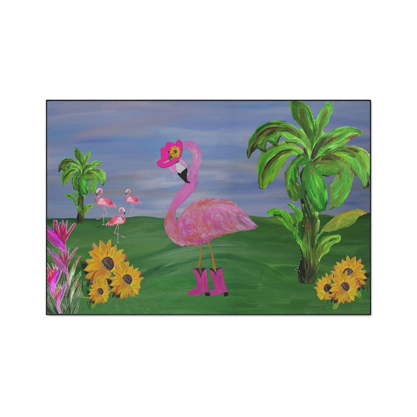 Coastal Country Cowgirl Flamingo in pink hat Home door floormat rug with non-skid backing- Available in 5 Sizes