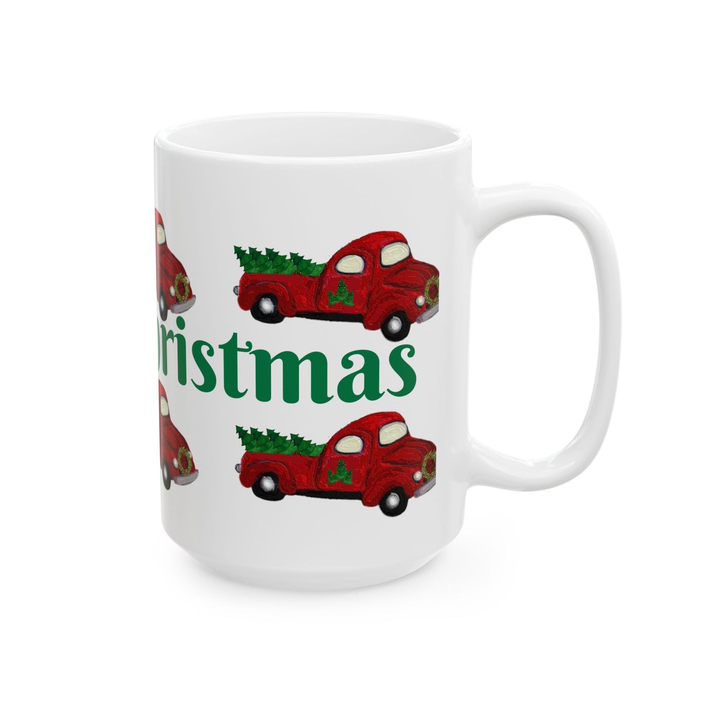 Red country pick up truck  Christmas Ceramic Mug (11oz, 15oz) - Coastal Holiday Coffee Cup - Great Christmas Gift