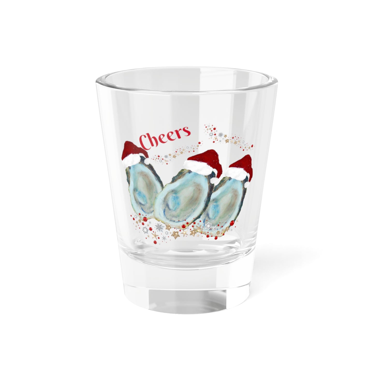 Oysters shooters Holiday festive party barware tropical theme Shot Glass, 1.5oz. Christmas bar shot glasses. Santa oysters.