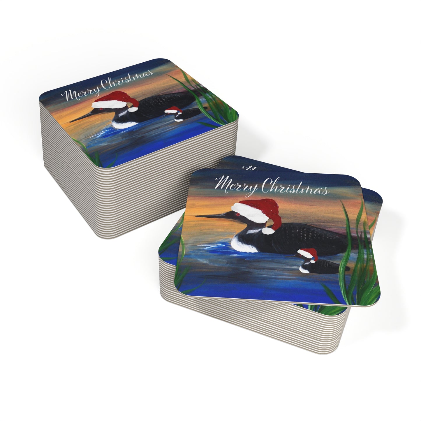 Loon Christmas lake house Holiday party Coasters Set Hardboard (50 or 100 pcs) Size 4 x 4 inches.