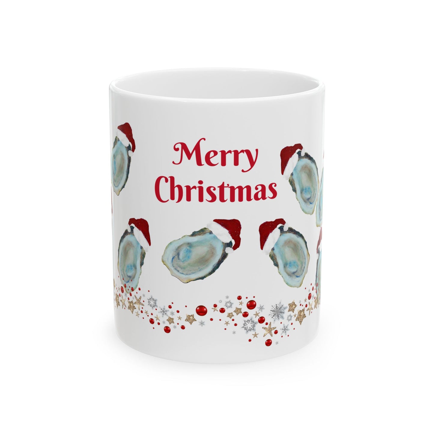 Coastal Christmas Santa oyster shells home seashells Christmas Ceramic Mug (11oz, 15oz) - Holiday Coffee Cup - Great Christmas Gift. Coastal kitchen mugs.