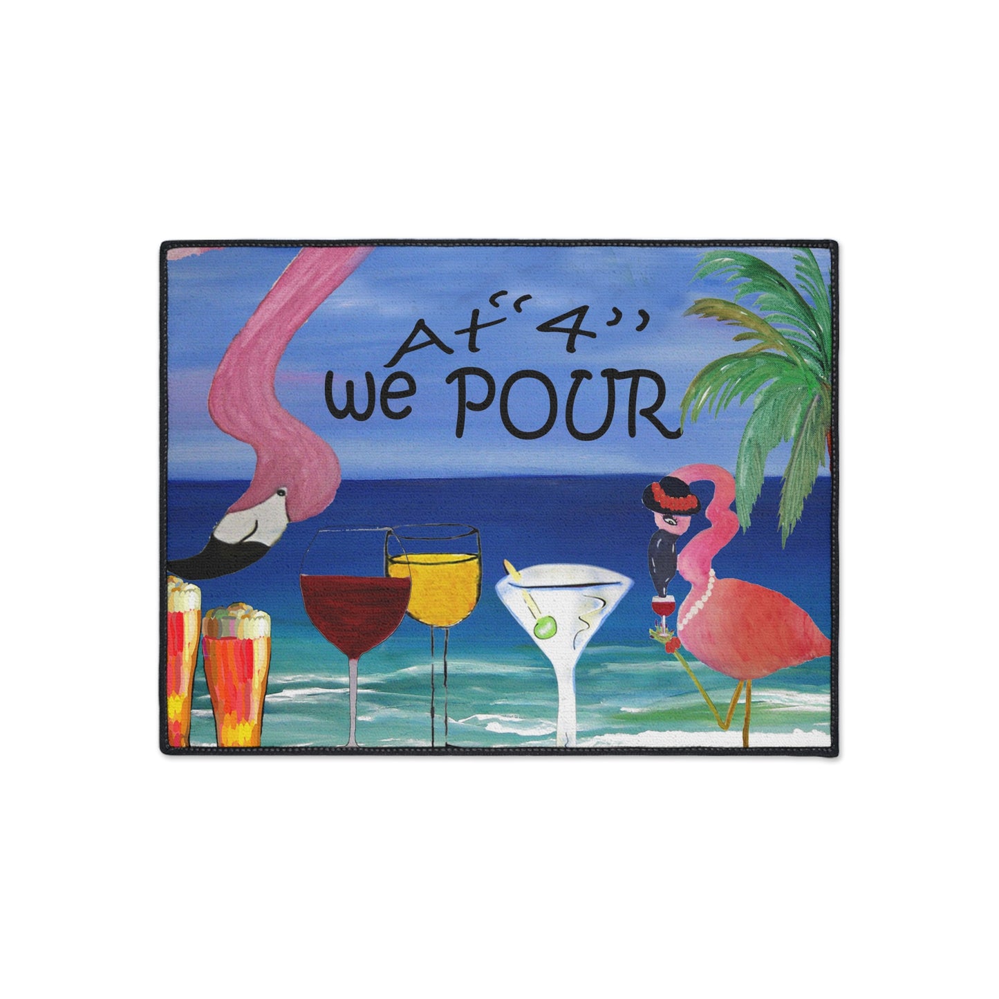 Floor Mat - Flamingo Bar At Four We Pour Funny Tropical Theme Coastal Door Mat, 5 Sizes Available