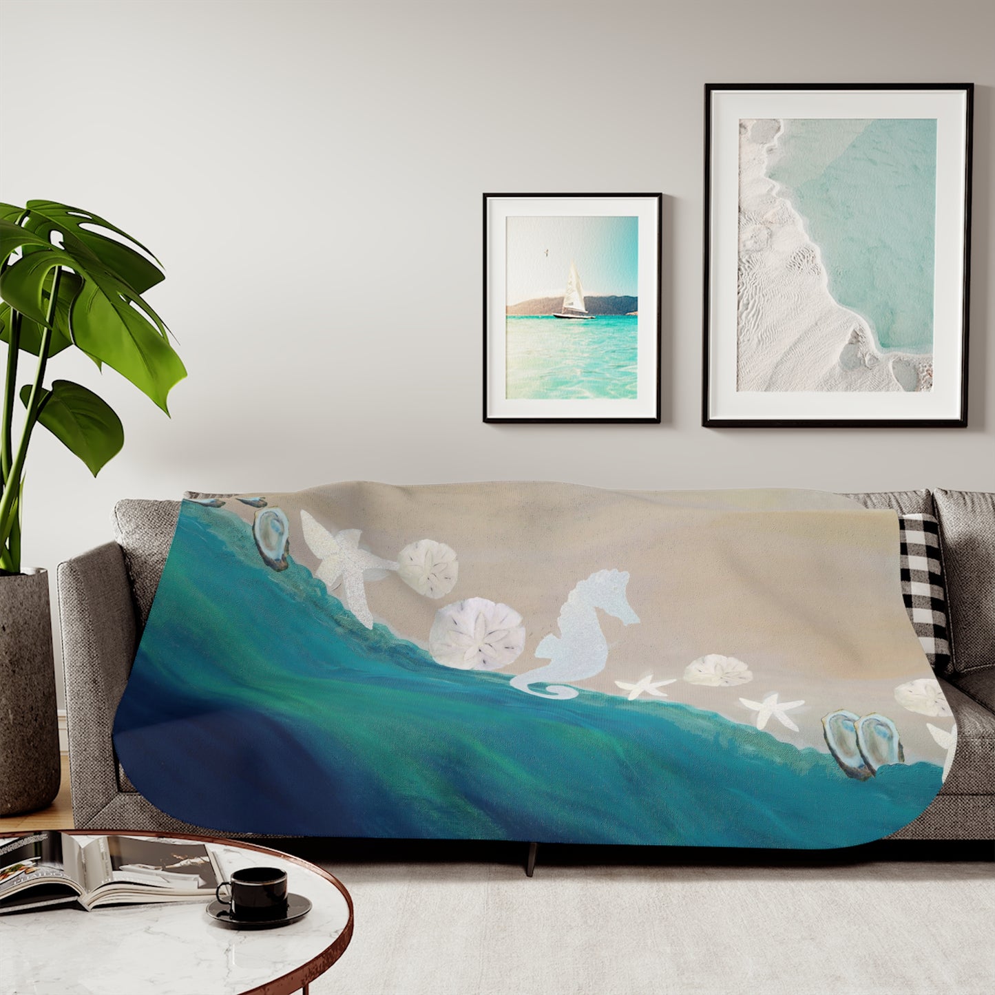 Coastal shores with seahorse, seashells and starfish art Sherpa Blanket, Coastal beach Design, Two Colors