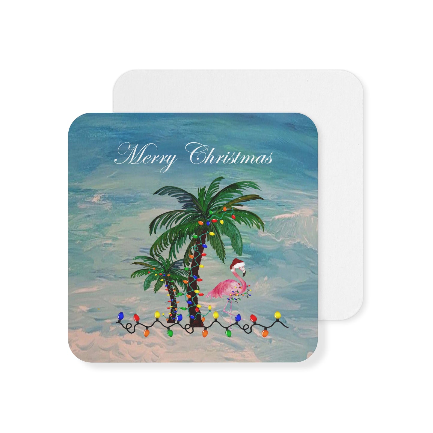 Flamingo and palm trees Christmas tropical Holiday party Coasters Set Hardboard (50 or 100 pcs) Size 4 x 4 inches.