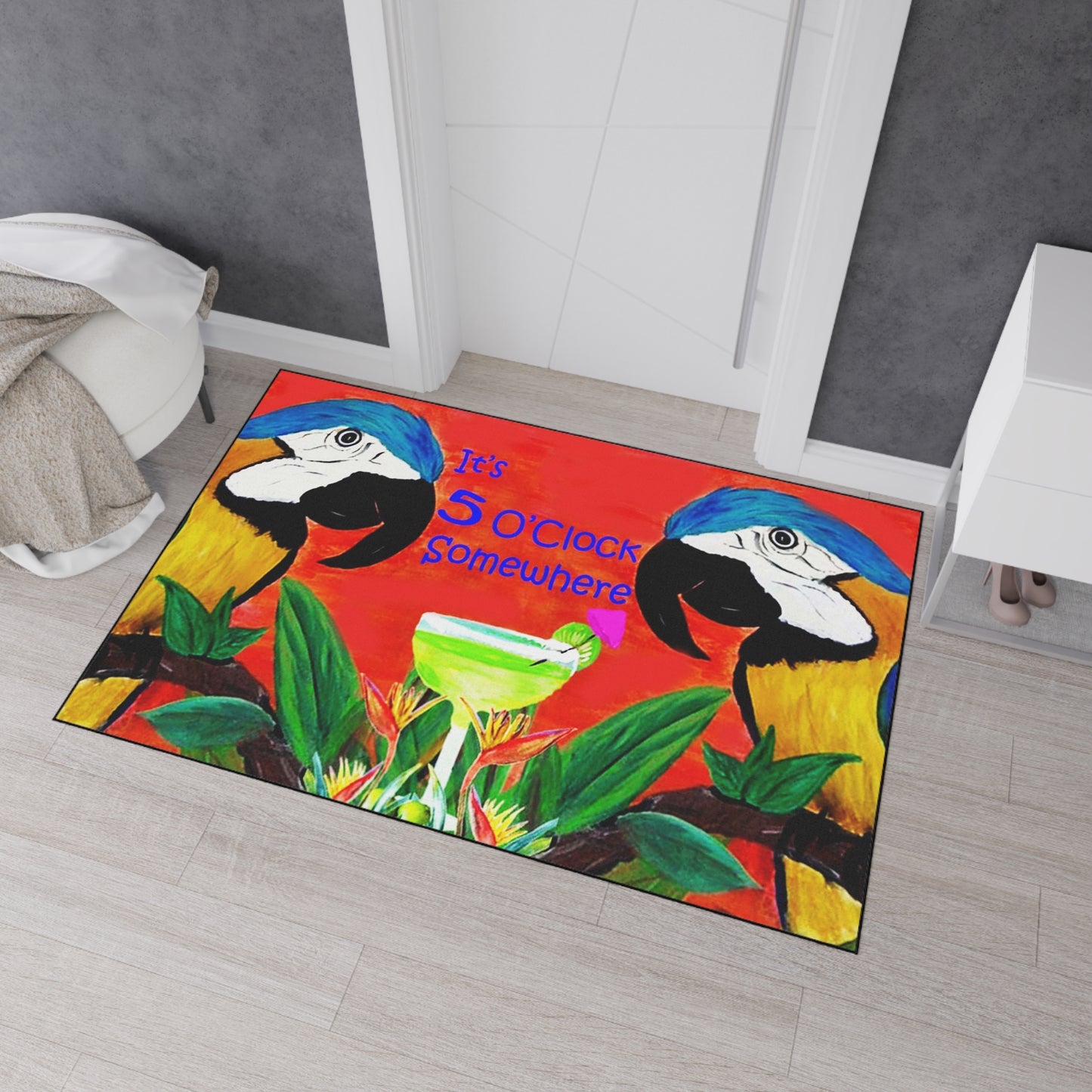 Floor Mat - Parrot Head Tiki Beach Bar Margarita Tropical Theme Coastal Door Mat with Non-Skid Backing, 5 Sizes Available