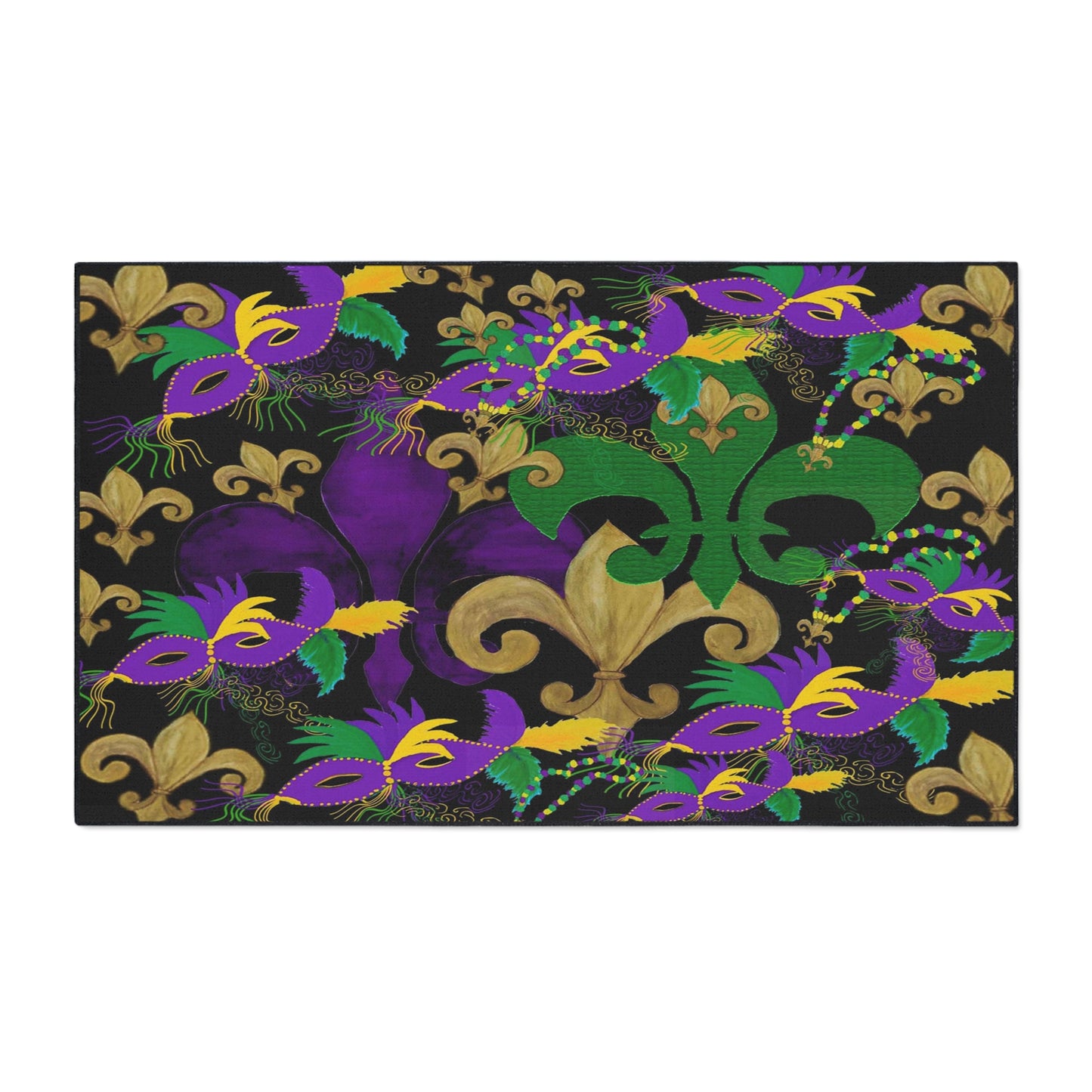 Mardi Gras festive Fleur De Lis and masks on black Background, Non-Skid Backing, 5 Sizes Available