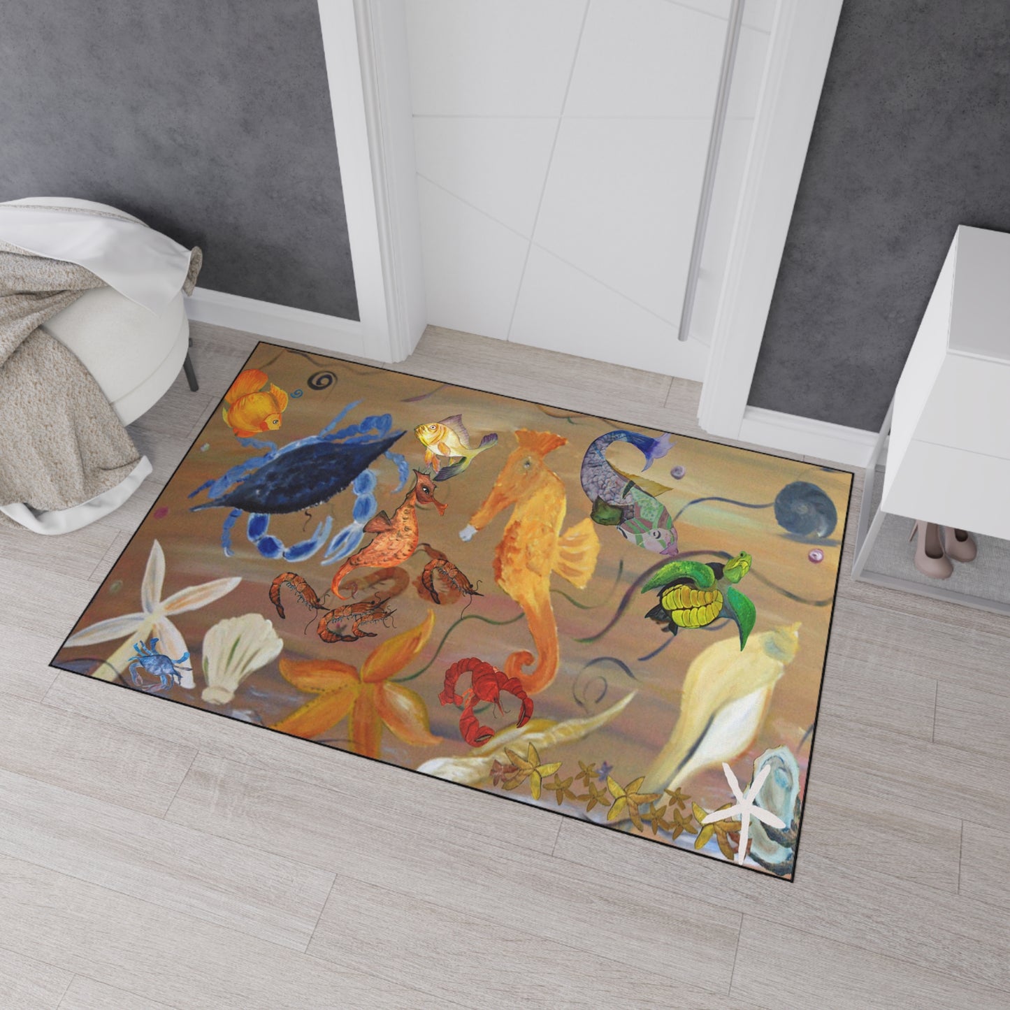 Sealife, Seahorse and seashells blue Beach Home door floormat rug with non-skid backing- Available in 5 Sizes