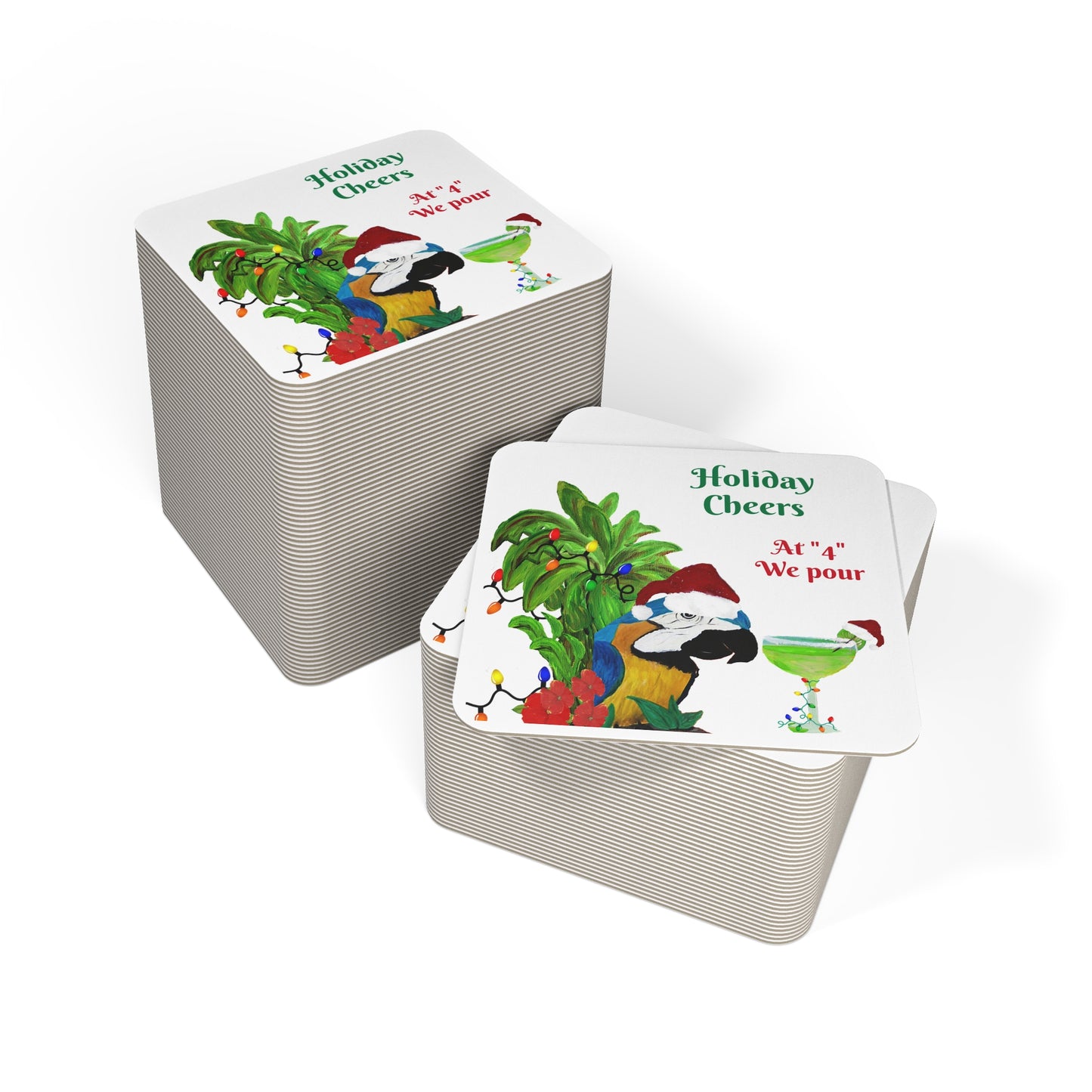 Coasters Set Christmas Parrot Head Holiday Margarita Party Bar Hardboard (50 or 100 pcs) Size 4&quot; square