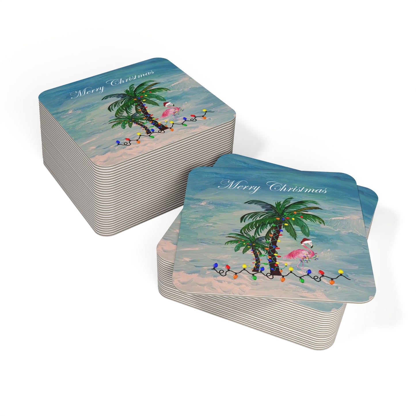 Flamingo and palm trees Christmas tropical Holiday party Coasters Set Hardboard (50 or 100 pcs) Size 4 x 4 inches.