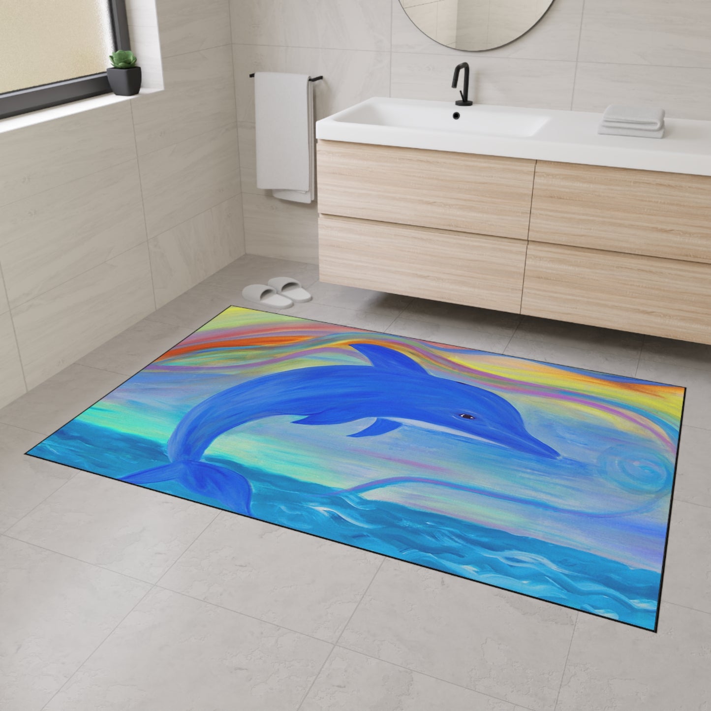 Floor Mat - Blue Dolphin Sealife Beach Coastal Theme with Non-Skid Backing