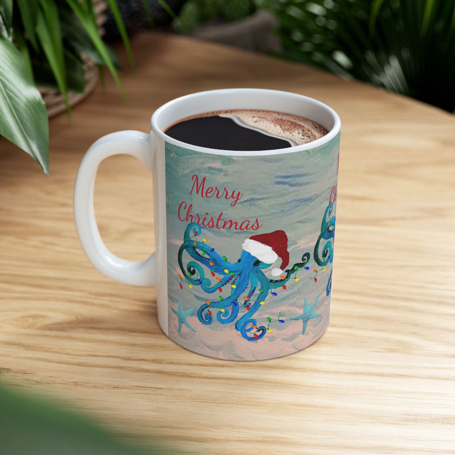 Christmas blue octopus in clearwater beach Ceramic Mug (11oz, 15oz) - Coastal Holiday Coffee Cup - Great Christmas Gift