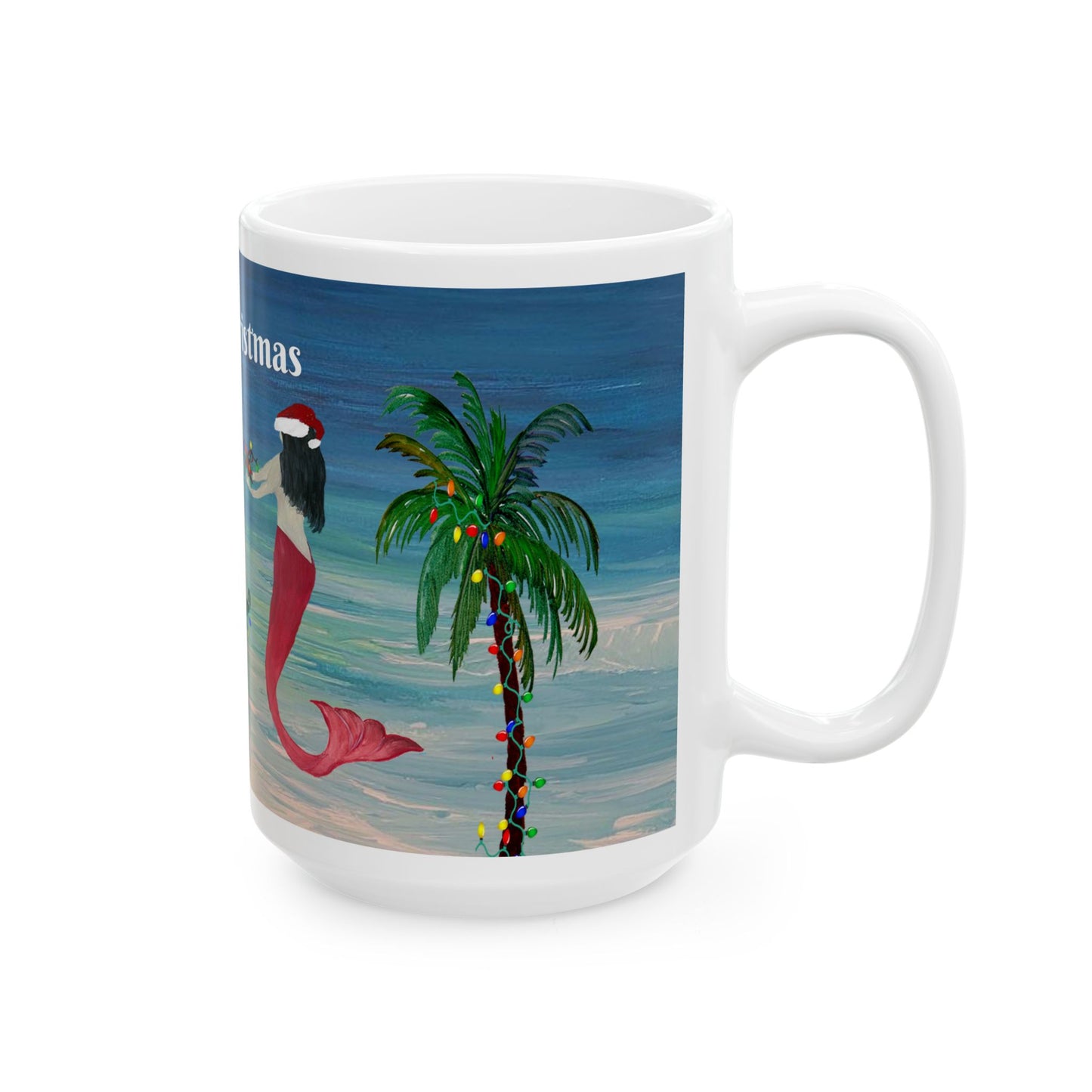 Christmas mermaid and octopus trim a Holiday palm tree in clearwater beach Ceramic Mug (11oz, 15oz) - Coastal Holiday Coffee Cup - Great Christmas Gift