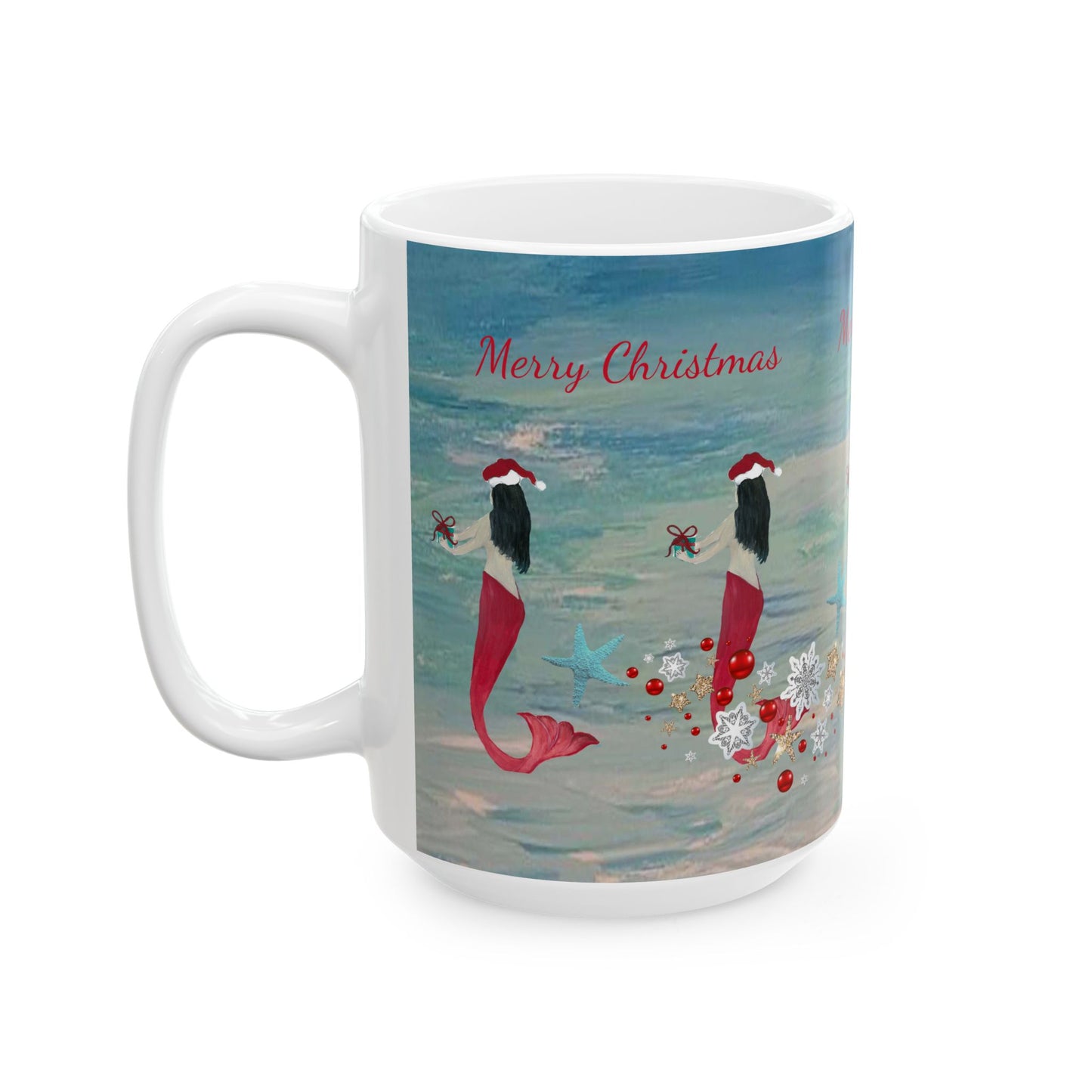 Mermaid and starfish Christmas on clearwater beach  Ceramic Mug (11oz, 15oz) - Coastal Holiday Coffee Cup - Great Christmas Gift