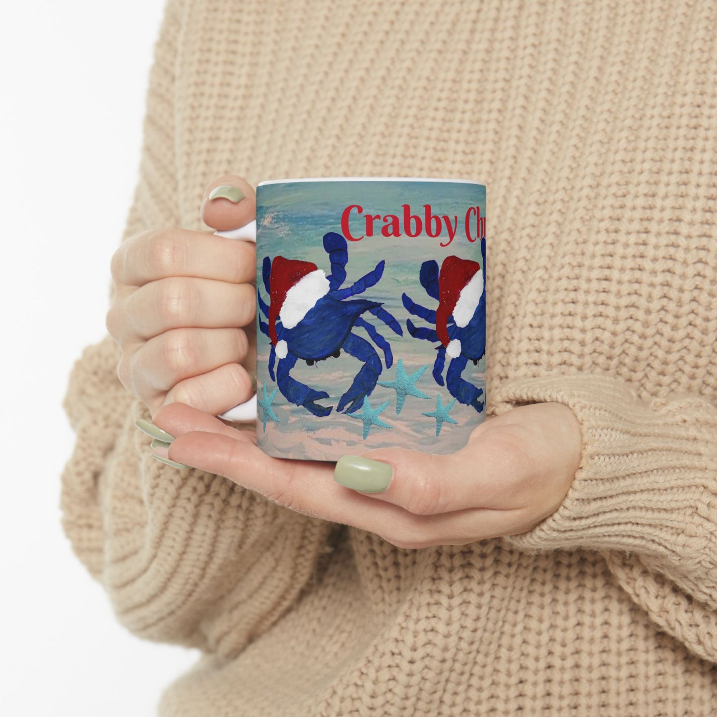 Crabby Christmas blue crab in clearwater beach coastal Holiday party Ceramic Mug (11oz, 15oz) - Coffee Cup - Funny Christmas Gift mug.