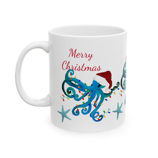 Christmas blue octopus Ceramic Mug (11oz, 15oz) - Coastal Holiday Coffee Cup - Great Christmas Gift