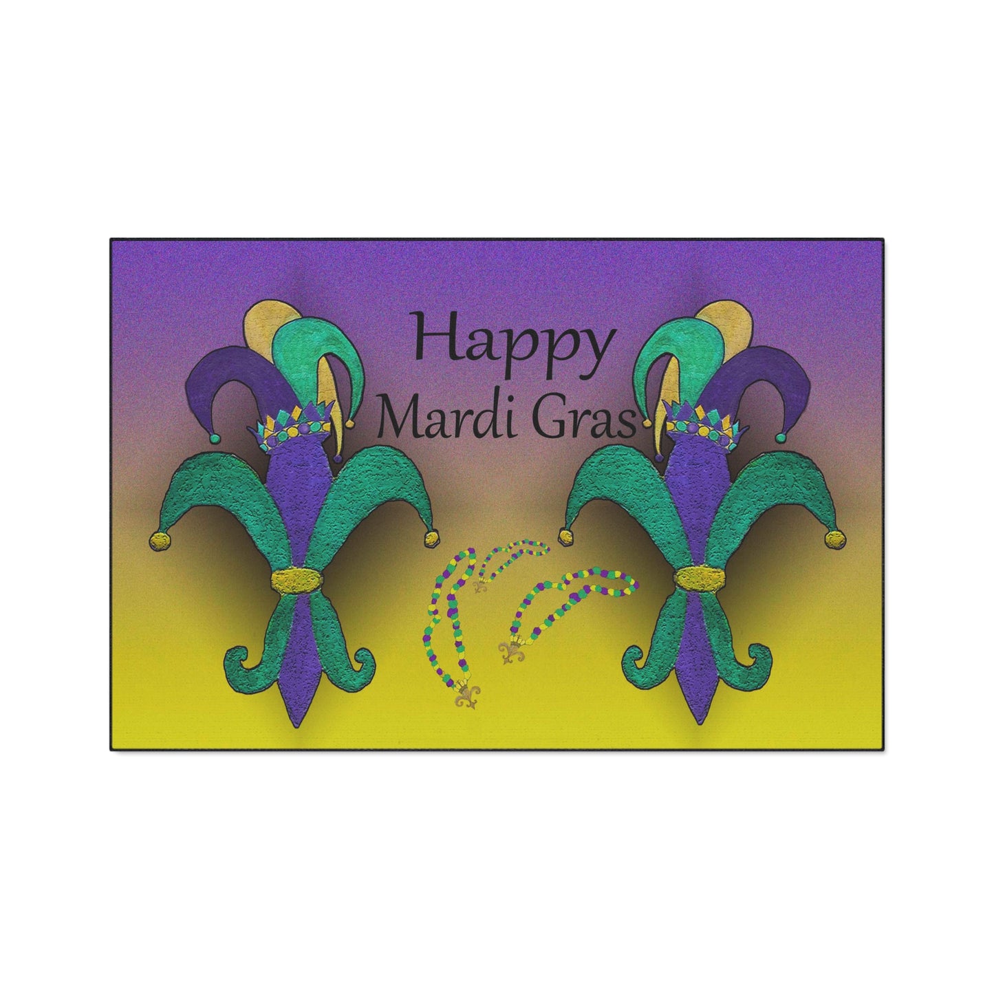 Jester Mardi Gras festive Fleur De Lis on Purple and Yellow Background, Non-Skid Backing, 5 Sizes Available