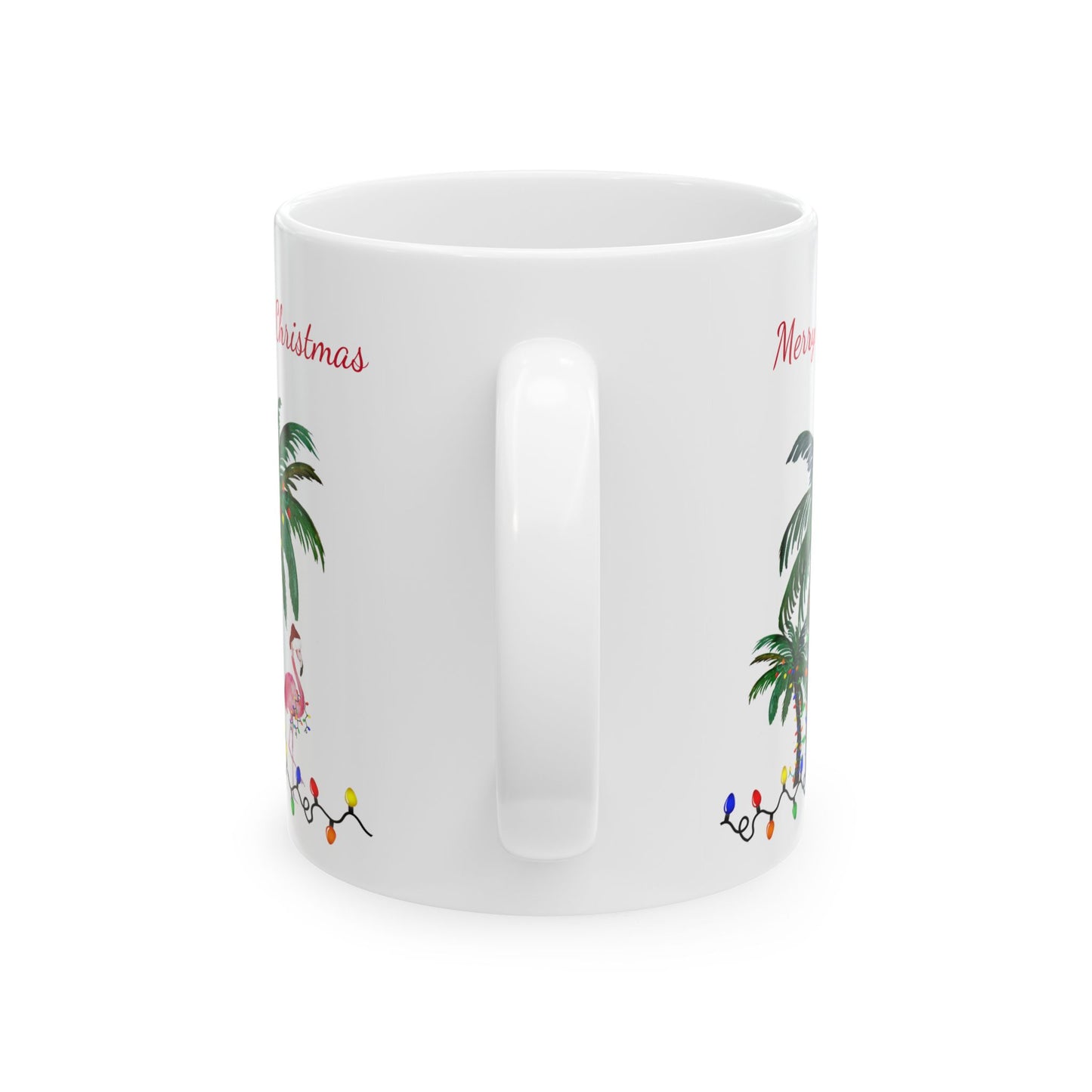 Christmas flamingo and Palm Trees Ceramic Mug (11oz, 15oz) - Coastal Holiday Coffee Cup - Great Christmas Gift