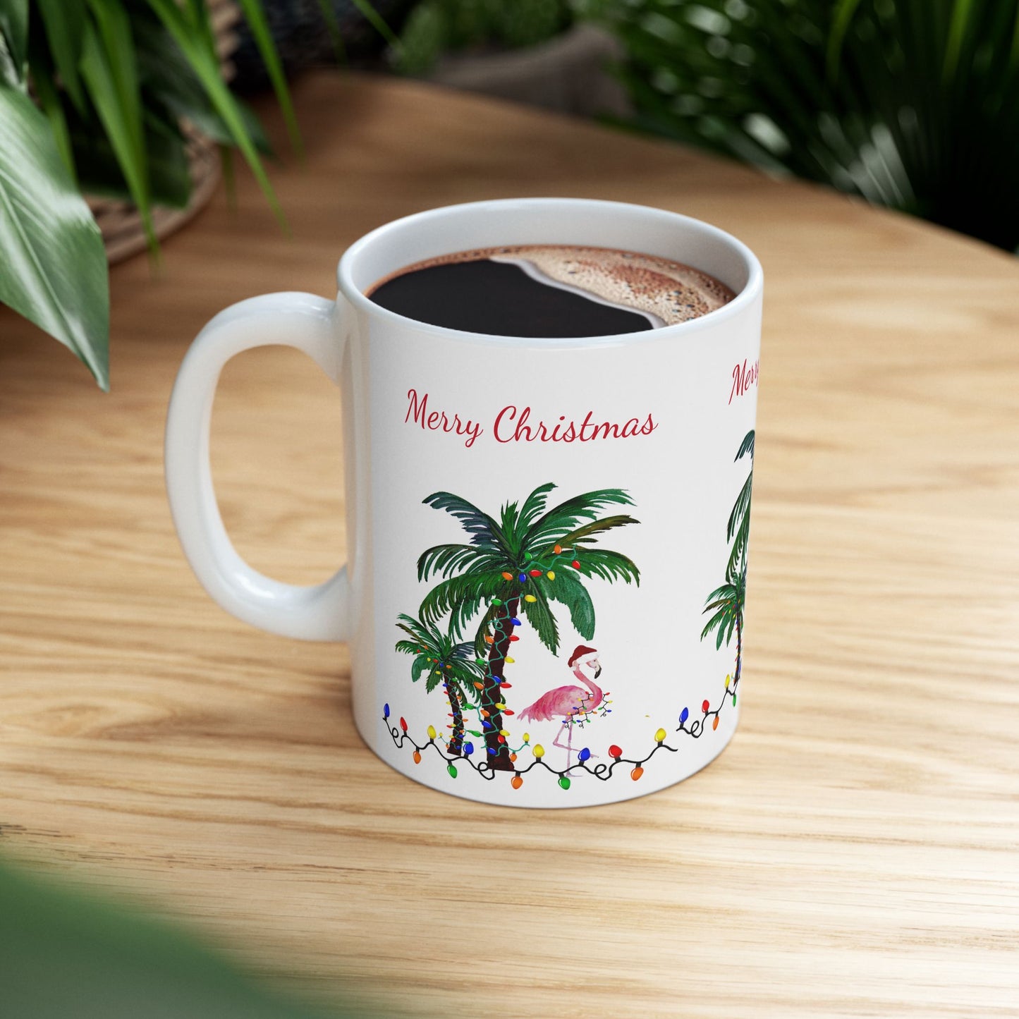 Christmas flamingo and Palm Trees Ceramic Mug (11oz, 15oz) - Coastal Holiday Coffee Cup - Great Christmas Gift