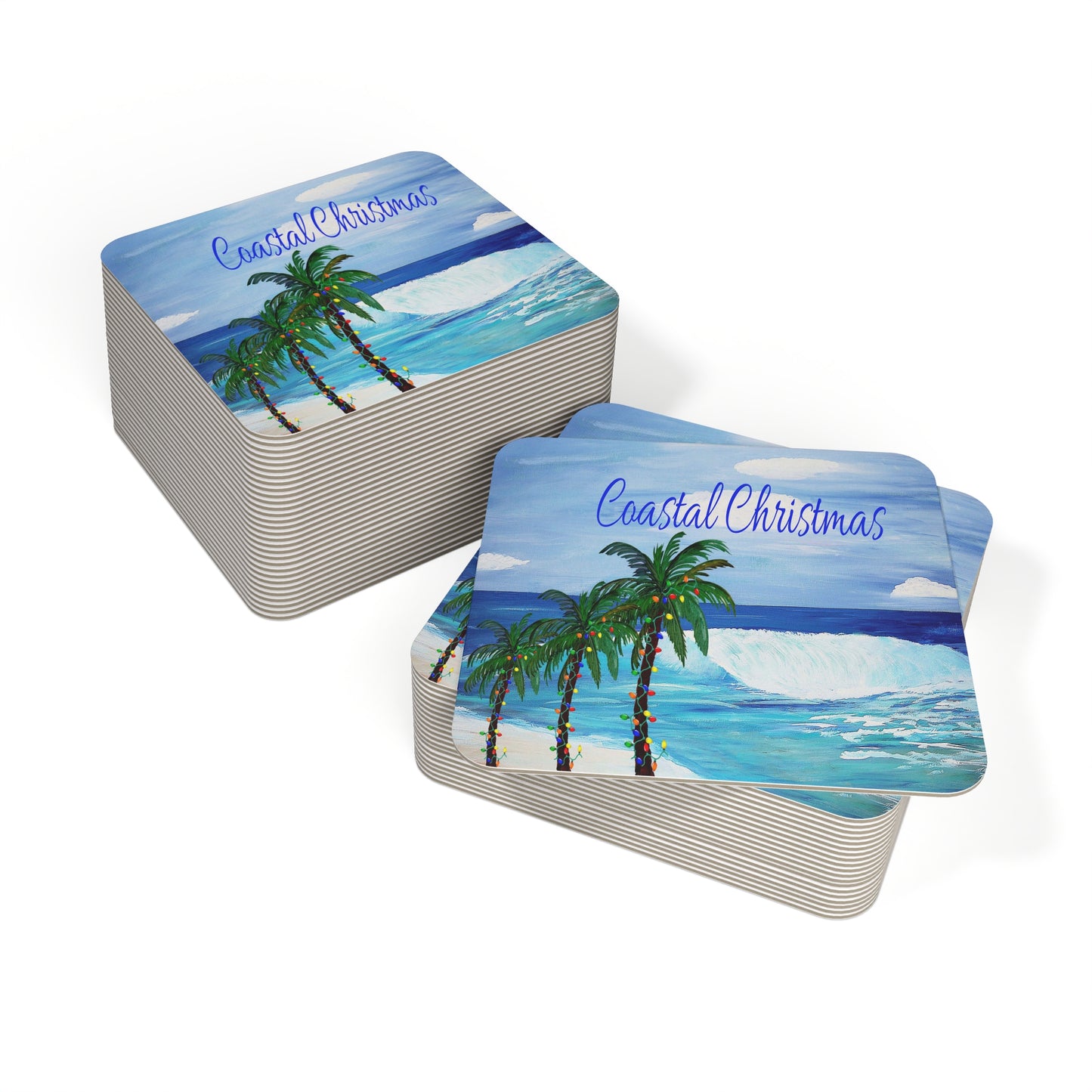 Coastal Christmas tropical Holiday party Coasters Set Hardboard (50 or 100 pcs) Size 4 x 4 inches.