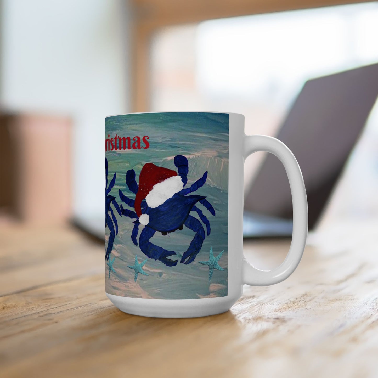 Crabby Christmas blue crab in clearwater beach coastal Holiday party Ceramic Mug (11oz, 15oz) - Coffee Cup - Funny Christmas Gift mug.