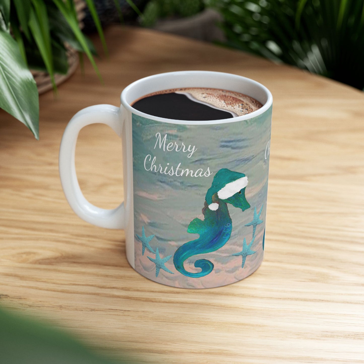 Christmas seahorse with teal Santa hat in clearwater beach Ceramic Mug (11oz, 15oz) - Coastal Holiday Coffee Cup - Great Christmas Gift