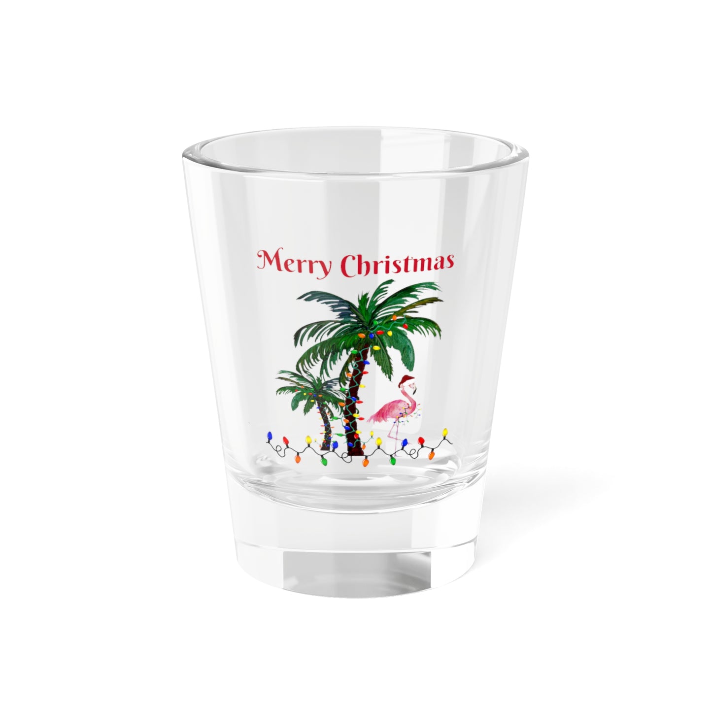 Flamingo Christmas and Holiday palm trees festive party barware tropical theme Shot Glass, 1.5oz