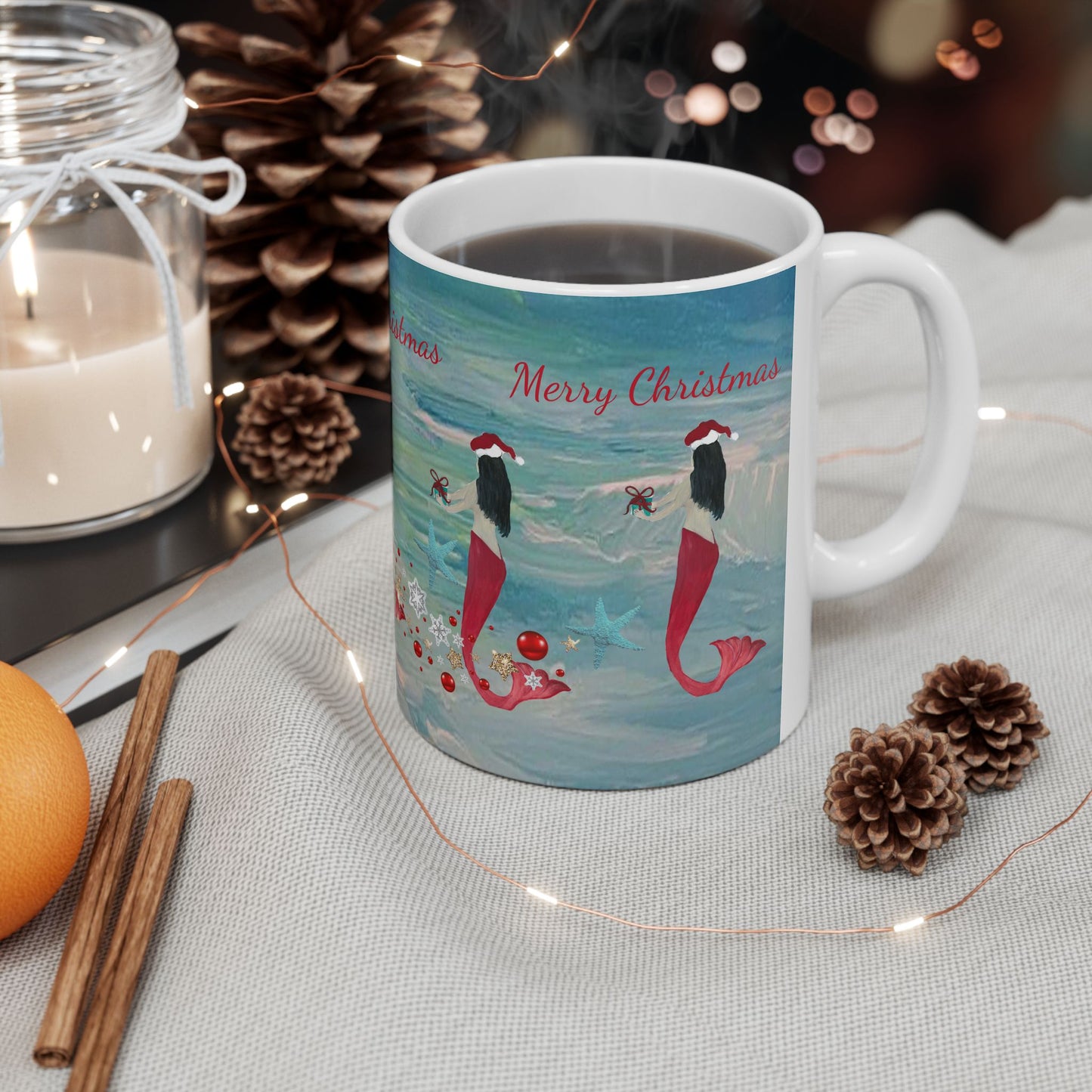 Mermaid and starfish Christmas on clearwater beach  Ceramic Mug (11oz, 15oz) - Coastal Holiday Coffee Cup - Great Christmas Gift