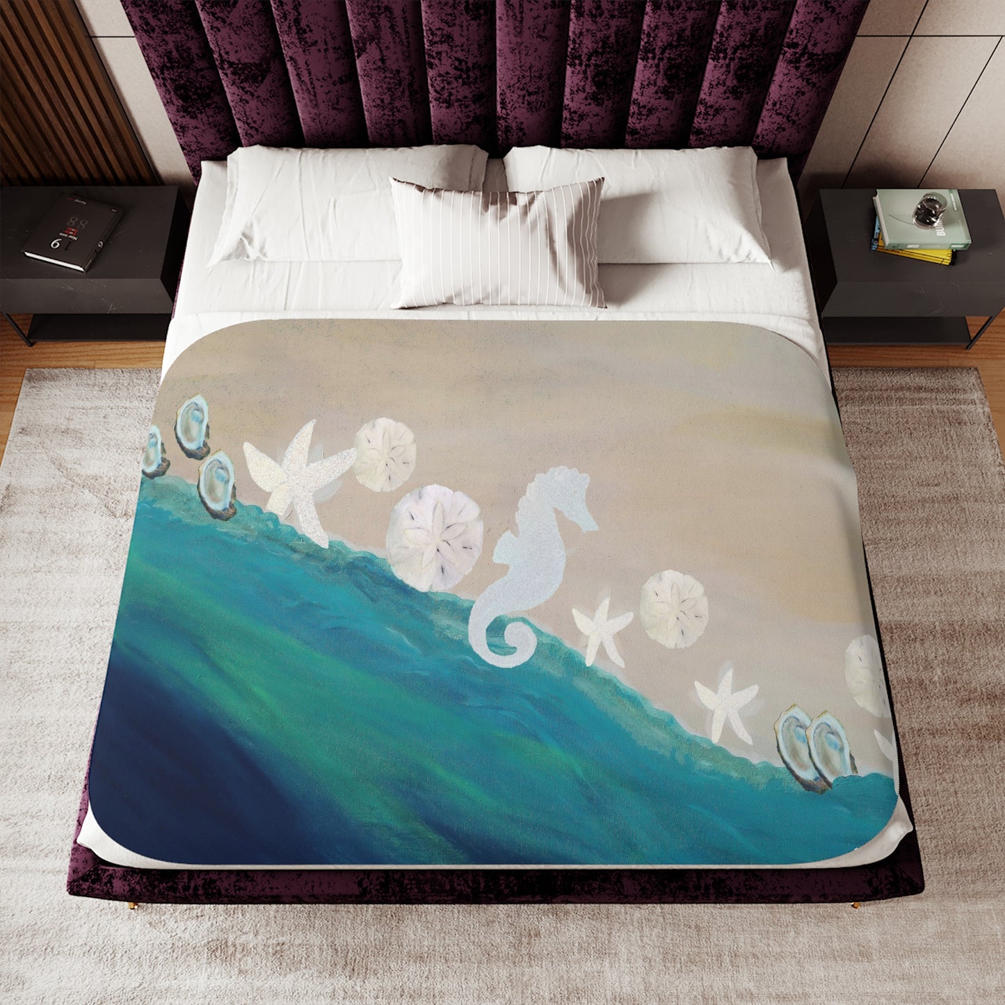 Coastal shores with seahorse, seashells and starfish art Sherpa Blanket, Coastal beach Design, Two Colors