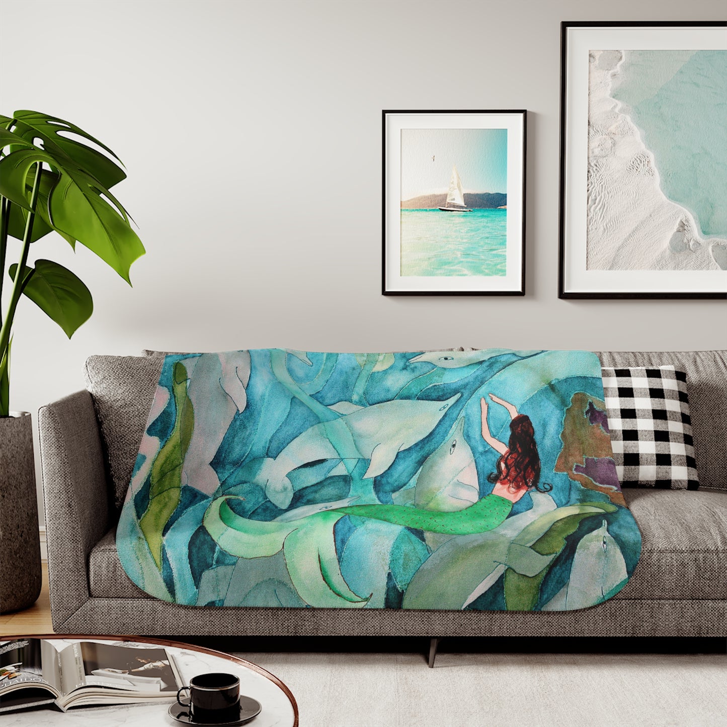 Sherpa Blanket, Coastal Mermaid and Dolphins Design, Two Colors