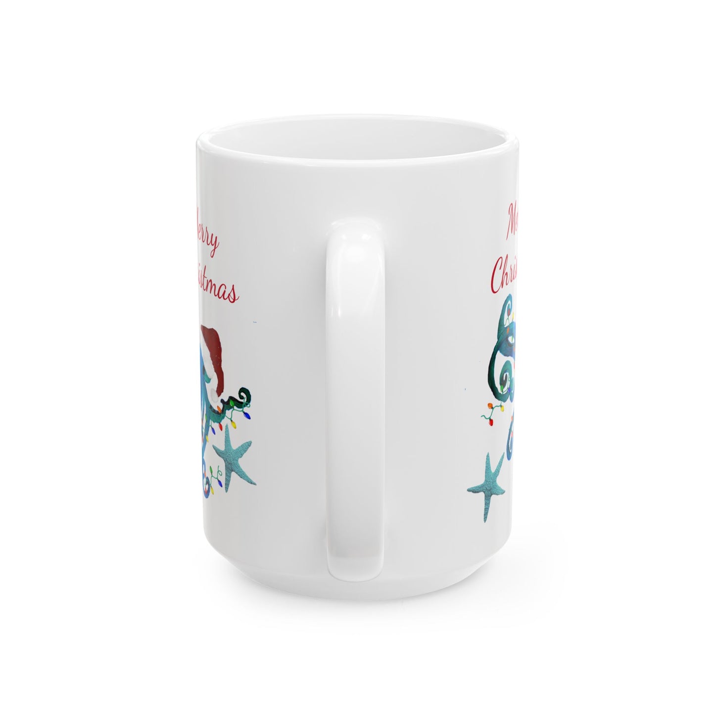 Christmas blue octopus Ceramic Mug (11oz, 15oz) - Coastal Holiday Coffee Cup - Great Christmas Gift