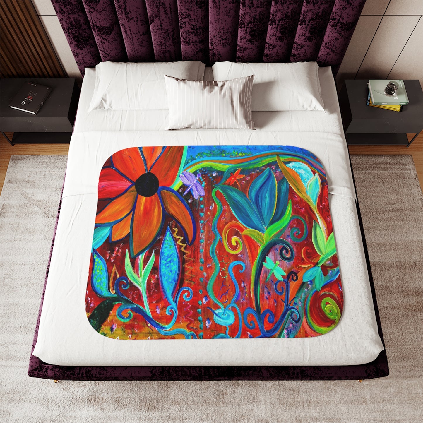 Abstract floral intuitive art orange, blue, greens Sherpa Blanket, Coastal Mermaid and Dolphins Design, Two Colors