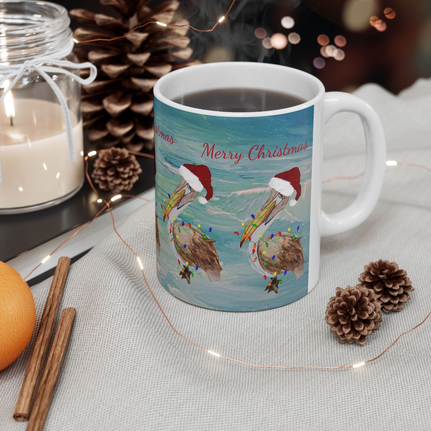 Pelicans Christmas on clearwater beach  Ceramic Mug (11oz, 15oz) - Coastal Holiday Coffee Cup - Great Christmas Gift