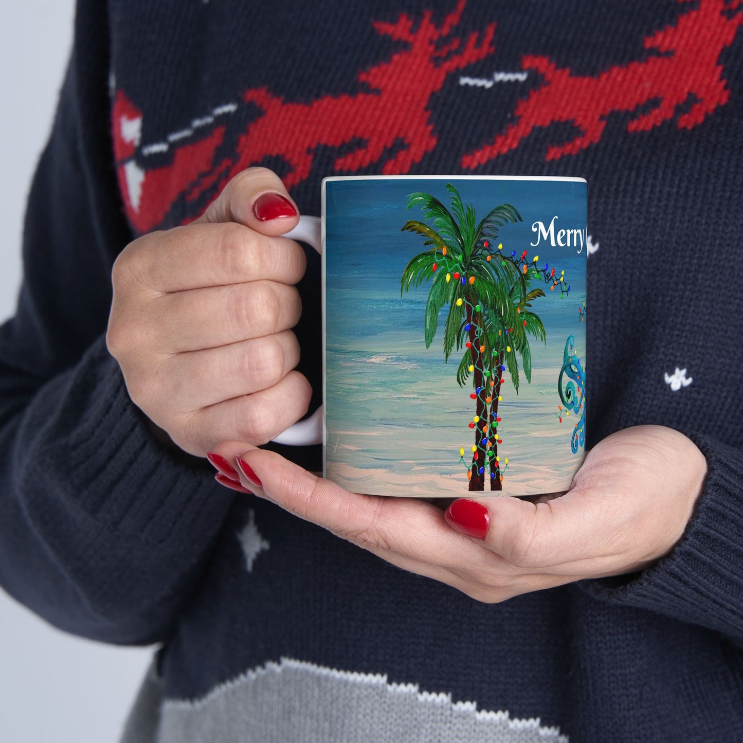 Christmas mermaid and octopus trim a Holiday palm tree in clearwater beach Ceramic Mug (11oz, 15oz) - Coastal Holiday Coffee Cup - Great Christmas Gift