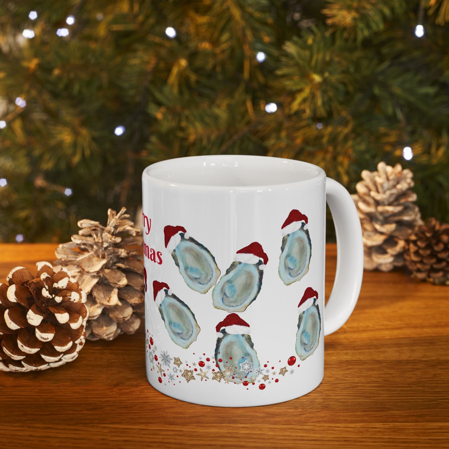 Coastal Christmas Santa oyster shells home seashells Christmas Ceramic Mug (11oz, 15oz) - Holiday Coffee Cup - Great Christmas Gift. Coastal kitchen mugs.