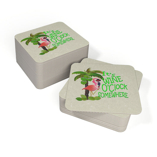 Flamingo It's Wine O'Clock Funny Tropical Wine Coasters, Fun Drink Mats, Holiday Party Decor, Party Accessories, Unique Gift for Wine Lovers