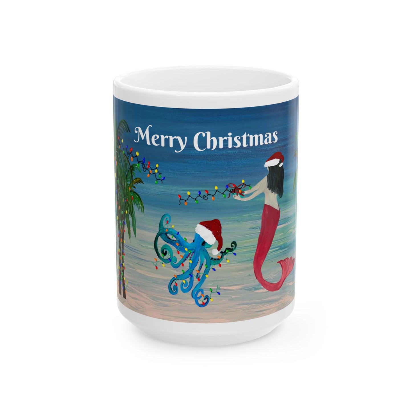 Christmas mermaid and octopus trim a Holiday palm tree in clearwater beach Ceramic Mug (11oz, 15oz) - Coastal Holiday Coffee Cup - Great Christmas Gift