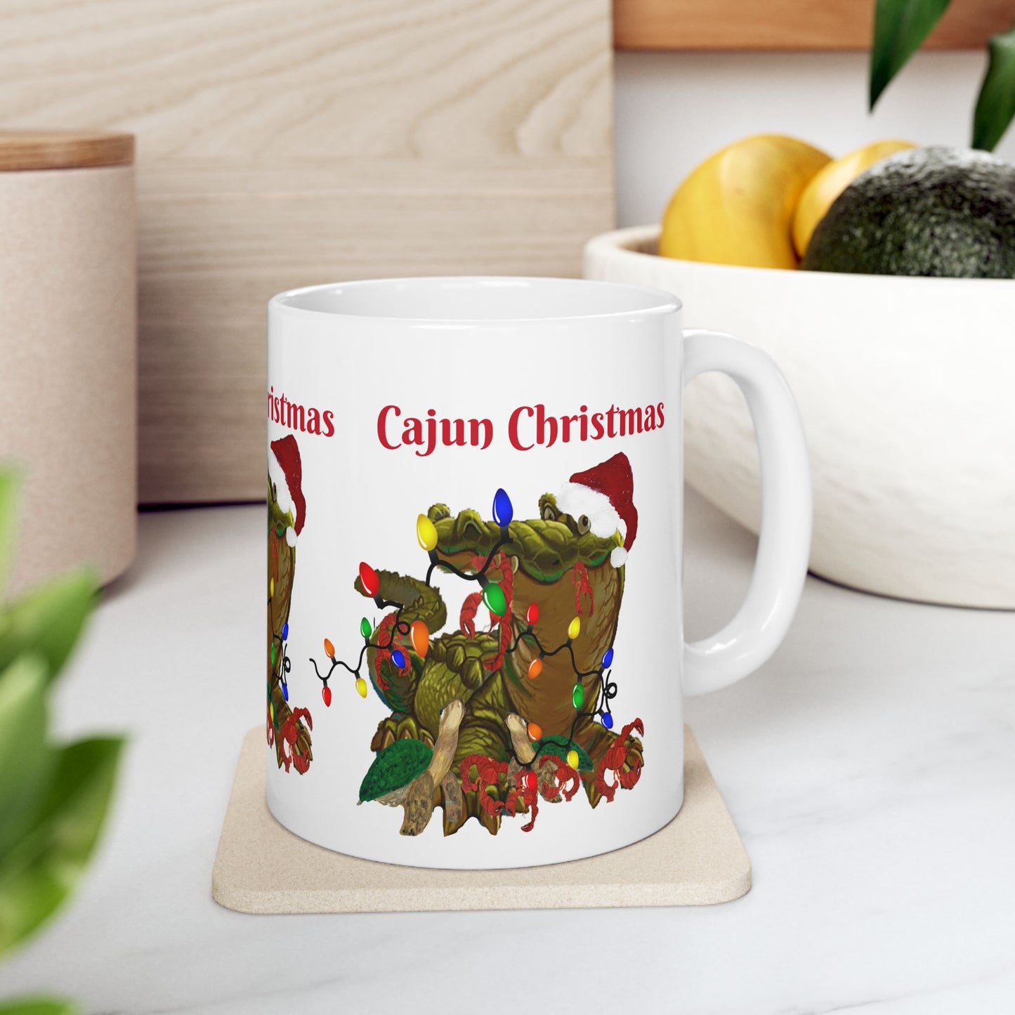 Cajun Christmas on the bayou Santa alligator Ceramic Mug (11oz, 15oz) - Coastal Holiday Coffee Cup - Great Christmas Gift