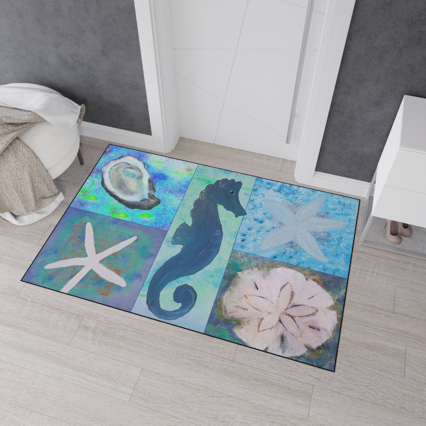 Seahorse and seashells blue Beach Home door floormat rug with non-skid backing- Available in 5 Sizes