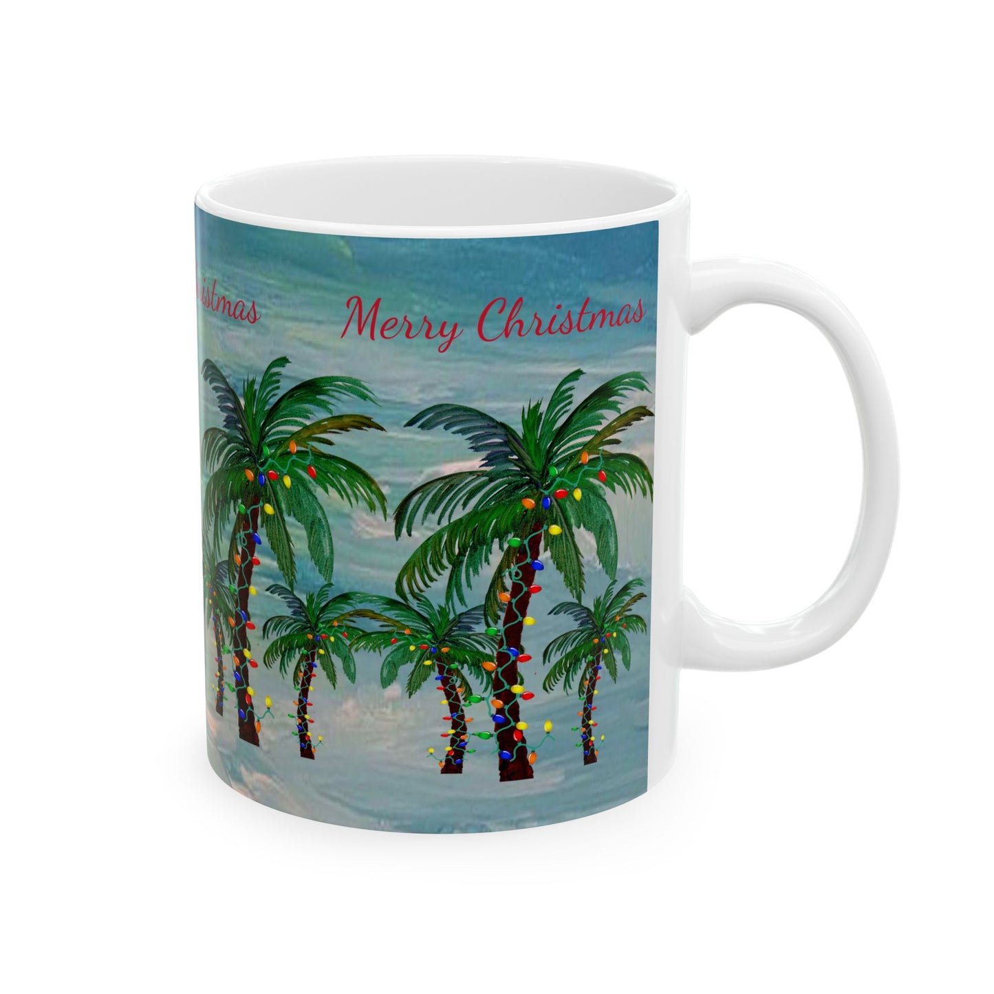 Christmas Palm Trees Ceramic Mug (11oz, 15oz) - Coastal Holiday Coffee Cup - Great Christmas Gift