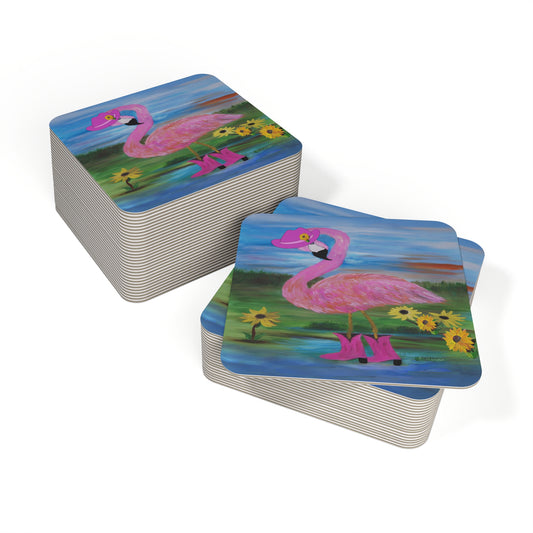 Country Cowgirl Flamingo Coasters - Fun Drinkware Decor, Summer Party Essentials, Gift for Animal Lovers, Unique Home Decor, Funny Coaster Set