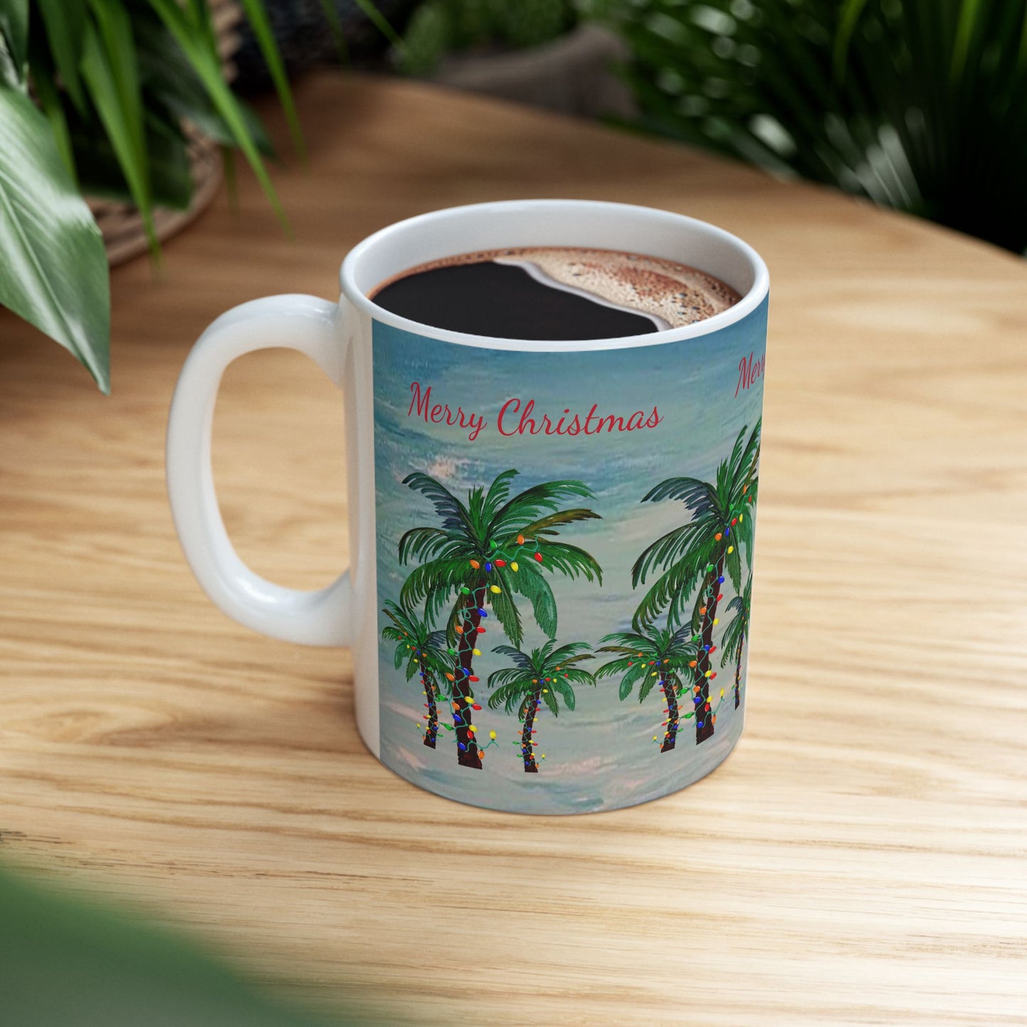 Christmas Palm Trees Ceramic Mug (11oz, 15oz) - Coastal Holiday Coffee Cup - Great Christmas Gift