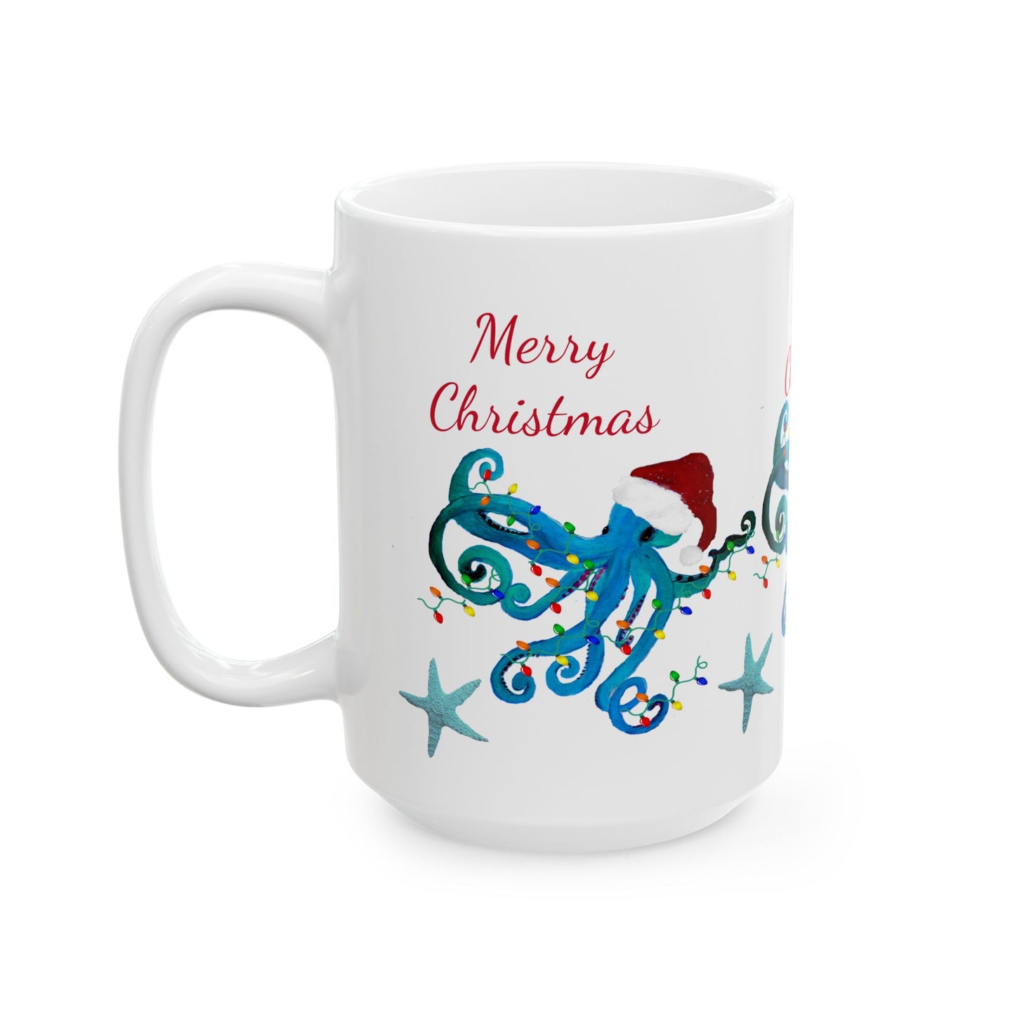 Christmas blue octopus Ceramic Mug (11oz, 15oz) - Coastal Holiday Coffee Cup - Great Christmas Gift