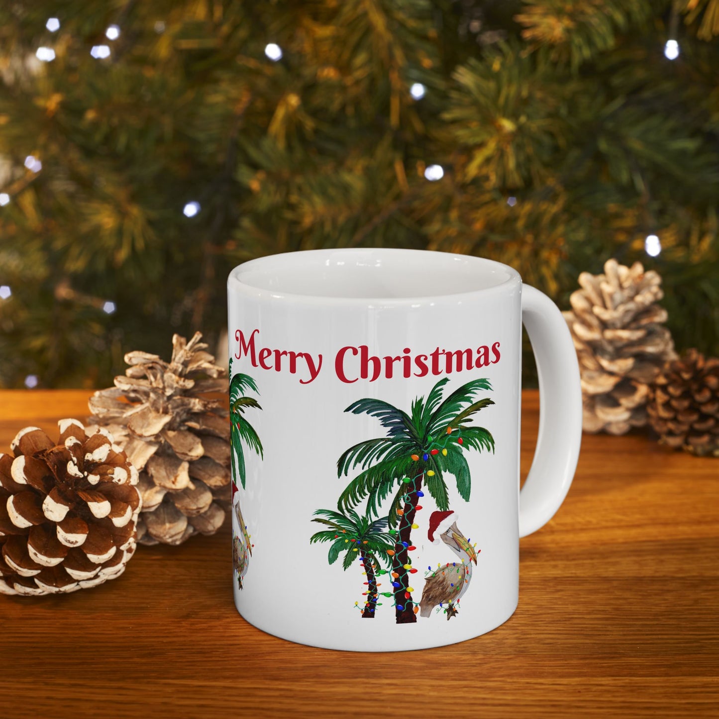 Pelican tropical Christmas with decorated palm trees Ceramic Mug (11oz, 15oz) - Coastal Holiday Coffee Cup - Great Christmas Gift