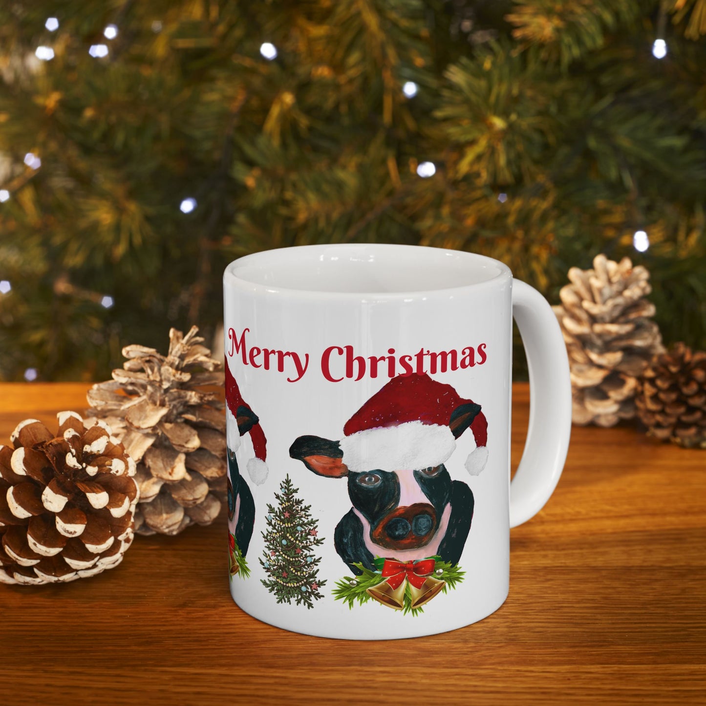 Country home Santa cow Holiday Christmas Ceramic Mug (11oz, 15oz) - Holiday Coffee Cup - Great Christmas Gift. Farm house gift.