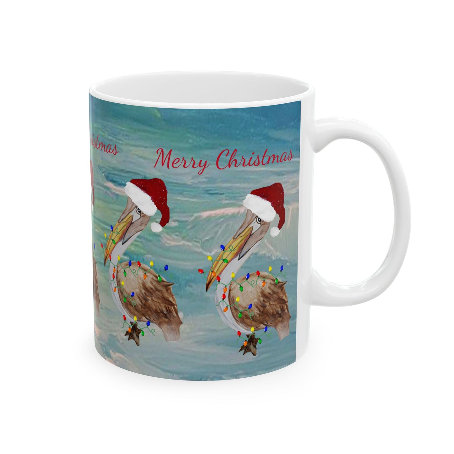 Pelicans Christmas on clearwater beach  Ceramic Mug (11oz, 15oz) - Coastal Holiday Coffee Cup - Great Christmas Gift