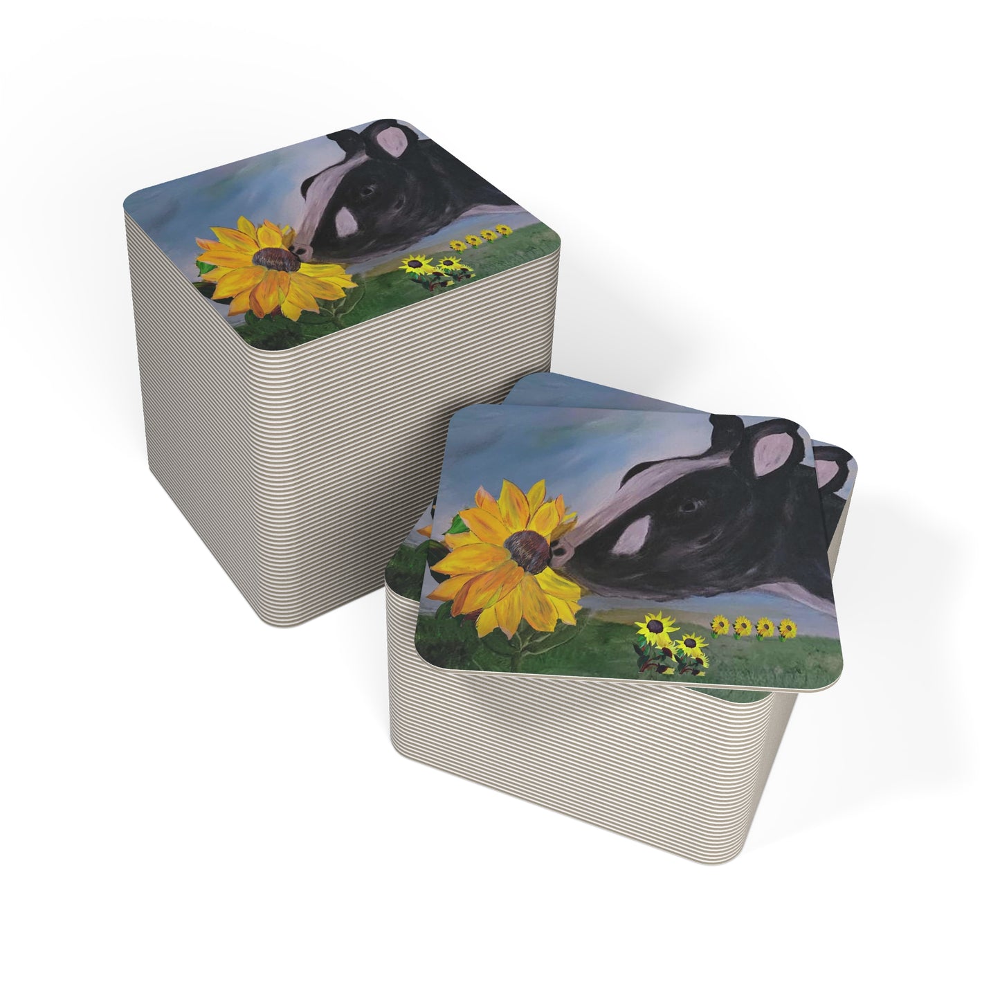 Farmhouse Coasters Set, Sunflower Cow Art Coasters, Rustic Kitchen Decor, Gift for Farmers, Barware Accessories, Floral Home Decor
