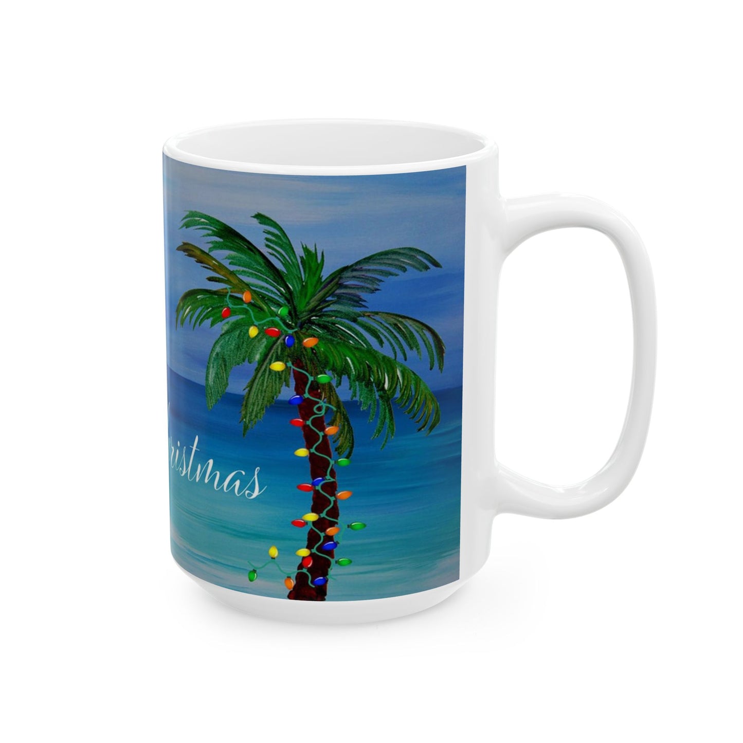 Tropical Christmas with decorated palm trees Ceramic Mug (11oz, 15oz) - Coastal Holiday Coffee Cup - Great Christmas Gift