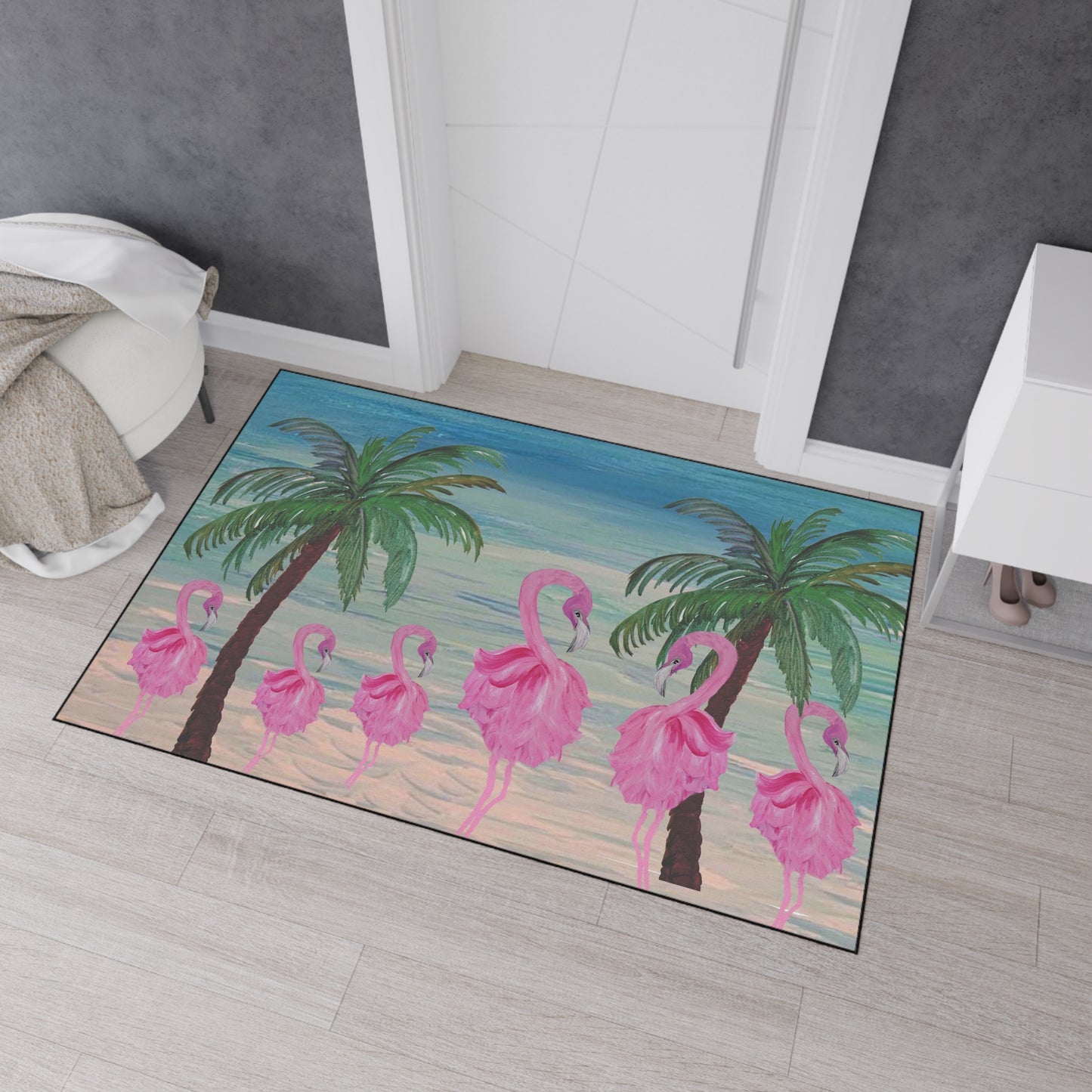 Floor Mat - Flamingo and Palm Trees Coastal Beach Tropical Home Rug with Non-Skid Backing